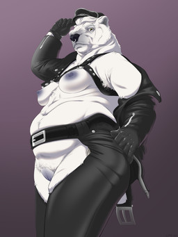 anthro belly belt bottomwear breasts chaps clothing crotchless_clothing dominant dominant_anthro dominant_female facial_piercing female fur genitals gloves handwear harness hat headgear headwear jacket leather leather_bottomwear leather_clothing leather_gloves leather_handwear leather_harness leather_jacket leather_pants leather_topwear low-angle_view mature_anthro mature_female nipples nose_piercing nose_ring overweight overweight_anthro overweight_female pants piercing purple_background ring_piercing shaved_vulva simple_background solo standing topwear vulva white_body white_fur worm's-eye_view ilp0 bear mammal polar_bear ursine 3:4 absurd_res hi_res