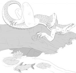 anthro biped breasts covering covering_breasts covering_self curled_tail feet female lily_pad log looking_at_viewer lying membrane_(anatomy) non-mammal_breasts nude open_mouth plant pose sharp_teeth solo tail teeth toes water webbed_feet webbed_hands wood redraptor16 aquatic crocodile crocodilian fish reptile scalie 2012 greyscale hi_res monochrome