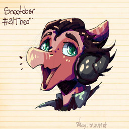 anthro biped bone_frill brown_hair electronics frill_(anatomy) green_eyes hair happy headphones male open_mouth open_smile pattern_background red_body short_hair simple_background smile solo striped_background text by:_muun devlog:_a_post-modern_college_experience theo_(devlog) prehistoric_species pterosaur reptile scalie 1:1 2025 absurd_res artist_name bust_portrait character_name colored guide_lines hi_res portrait shaded