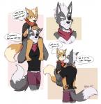 anthro boxer_briefs butt butt_grab carrying_another clothed clothing dialogue duo fully_clothed hand_on_butt licking male male/male neck_lick on_shoulders romantic romantic_couple size_difference speech_bubble text tongue tongue_out underwear black_zork nintendo star_fox fox_mccloud wolf_o'donnell canid canine canis fox mammal wolf 2018 english_text hi_res