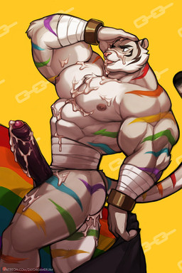 abs anthro bandage barazoku big_penis bodily_fluids bracelet butt cum cum_on_belly cum_on_body cum_on_butt cum_on_chest cum_on_face cum_on_leg cum_on_penis erection flag flag_(object) foreskin fur genital_fluids genitals hand_on_head humanoid_genitalia humanoid_penis jewelry lgbt_pride male muscular muscular_anthro muscular_male nipples pattern_background pecs penis pride_color_flag pride_colors rainbow_flag rainbow_pride_colors rainbow_pride_flag rainbow_symbol simple_background six-stripe_rainbow_pride_colors smile solo stripes super_gay white_body white_eyes yellow_background jimsdaydream lgbt_pride_month felid mammal pantherine tiger 2:3