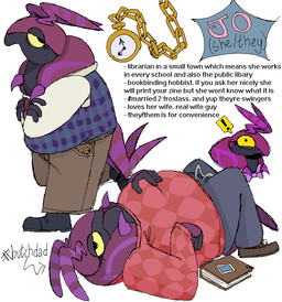 antennae_(anatomy) anthro bottomwear clock clothing female khaki_pants lying on_back overweight pants pattern_clothing plaid plaid_clothing pocketwatch solo standing stocky striped_body stripes sweater sweater_vest sweatpants tail text topwear vest watch yellow_sclera objectfucker nintendo pokemon jo_(objectfucker) generation_5_pokemon pokemon_(species) scolipede colored english_text model_sheet