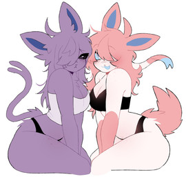 :3 :< ahoge anthro black_bottomwear black_clothing black_panties black_topwear black_underwear blue_body blue_fur blue_inner_ear blue_mouth blush bottomwear bra breasts chest_tuft clothed clothing curly_hair duo female female/female forked_tail fur hair hair_over_eye long_hair looking_at_viewer open_mouth panties pink_body pink_fur pink_tail purple_body purple_fur simple_background sitting strapless_clothing tail thick_tail thick_thighs topwear tuft underwear unusual_anatomy unusual_tail white_body white_clothing white_fur white_topwear pomfishee nintendo pokemon eeveelution espeon generation_2_pokemon generation_6_pokemon pokemon_(species) sylveon 2024 digital_media_(artwork) hi_res portrait three-quarter_portrait