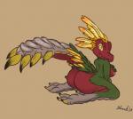 anthro bird_wyvern breasts brown_background butt capcom feathers female green_body green_feathers grey_body maccao monster_hunter nipples pink_nipples red_body shardshatter simple_background solo yellow_body yellow_eyes yellow_feathers