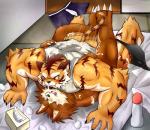 anal anthro bed bottomless butt clothed clothing detailed_background duo furniture inside male male/male muscular partially_clothed thrusting underwear underwear_down chocobo4869 canid canine canis domestic_dog felid mammal pantherine tiger colored hi_res