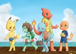 anthro anthrofied beach bottomwear clothing female group male pokemorph sea seaside shorts starter_trio swimming swimming_trunks swimwear water young fultemounte nintendo pokemon bulbasaur charmander charmeleon generation_1_pokemon pikachu pokemon_(species) squirtle hi_res