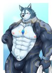 anthro blush bodily_fluids bodysuit clothing flaccid fur genitals grey_body grey_fur male muscular muscular_anthro muscular_male nipples pecs penis penis_base skinsuit solo sweat tight_clothing ioenami88 lifewonders tokyo_afterschool_summoners breke_(tas) canid canine canis mammal wolf hi_res