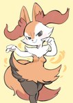 3_fingers anthro black_body black_eyes black_fur blush breasts female fingers fire fluffy fluffy_tail fur inner_ear_fluff looking_at_viewer multicolored_body simple_background small_breasts smile solo tail tuft white_body white_fur wide_hips yellow_background oposa nintendo pokemon braixen canid canine generation_6_pokemon mammal pokemon_(species) 2023 absurd_res colored_sketch hi_res sketch