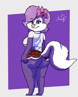 accessory anthro arm_tuft big_butt biped blue_eyes blue_sclera border bottomwear bow_(feature) bow_accessory bow_ribbon breasts butt cheek_tuft chest_tuft clothing curling_tail curvy_figure elbow_tuft eyebrow_through_hair eyebrows eyelashes eyeshadow facial_tuft female female_anthro fluffy fluffy_tail fur glistening hair hair_accessory hair_bow hair_over_eye hair_ribbon hand_on_hip makeup markings medium_breasts multicolored_body multicolored_fur nude one_eye_obstructed outside_border philtrum pink_nose presenting presenting_hindquarters pupils purple_body purple_eyeshadow purple_fur purple_hair rear_view ribbons skirt smile solo striped_markings striped_tail stripes tail tail_markings thick_thighs translucent translucent_hair tuft two_tone_body two_tone_fur under_boob voluptuous voluptuous_anthro voluptuous_female white_body white_fur wide_hips ivolflobogris tiny_toon_adventures warner_brothers fifi_la_fume mammal mephitid skunk striped_skunk 4:5 absurd_res hi_res