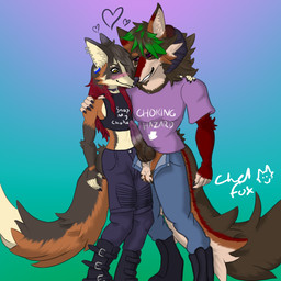 animal_genitalia anthro balls bangs beard big_penis blush boots bottomwear brown_body brown_fur button_(fastener) cheek_tuft choker claws clothing crop_top denim denim_bottomwear denim_clothing duo ear_piercing ear_ring eyelashes eyeshadow facial_hair facial_piercing facial_tuft femboy fluffy fluffy_tail footwear fur genitals green_hair grey_body grey_fur hair half-closed_eyes heart_symbol holding_shoulder horn jeans jewelry knot knotted_penis lip_piercing lip_ring long_hair makeup male male/male mane midriff narrowed_eyes necklace nose_piercing nose_ring nose_to_nose orange_body orange_fur pants penis piercing purple_eyes red_body red_fur red_hair ring_piercing sheath shirt shoes simple_background smile smirk smirking_at_another smirking_at_partner tail text text_on_clothing text_on_shirt text_on_topwear topwear tuft unzipped unzipped_pants white_body white_fur yellow_eyes zipper chelfoxart chelfox skorvold calico_fox canid canine canis coyote cross_fox fox mammal red_fox true_fox 1:1 shaded signature soft_shading nonbinary_(lore)