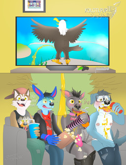 anthro armchair beverage bisexual_pride_colors black_hair blue_body blue_hair bodily_fluids bottomwear bottomwear_down brown_body brown_nose chair clothed clothing collar controller disgusted_face drinking drinking_urine electronics eyewear femboy food footwear furniture game_controller genital_fluids glasses group hair hairless jockstrap lake laugh lgbt_pride male multicolored_eyes nintendo_controller pants pants_down pantsless partially_clothed peeing popcorn pride_colors smile socks soda sofa tail tail_motion tailwag television tongue tongue_out underwear urine urine_in_mouth water watersports wearing_glasses wii_remote xbox_controller yellow_eyes giga_larry angry_birds dreamworks microsoft nintendo rovio_entertainment sega trolls_(dreamworks) wii xbox xbox_game_studios mighty_eagle accipitrid accipitriform avian bird canid canine canis domestic_dog eagle felid feline hairless_dog kangaroo macropod mammal marsupial primitive_dog xoloitzcuintli absurd_res hi_res signature watermark