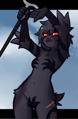 5_fingers anthro beak black_beak black_body black_feathers breasts cane eyebrow_through_hair eyebrows feathers featureless_breasts female fingers genitals glowing glowing_eyes hair holding_cane holding_object leg_scar looking_at_viewer navel non-mammal_breasts non-mammal_hair non-mammal_navel non-mammal_vulva nude nude_anthro nude_female red_eyes scar scuted_hands scutes solo thigh_scar translucent translucent_hair umbrakinesis vulva mewgle shadow_hands_challenge silence_(mewgle) avian bird corvid corvus_(genus) crow oscine passerine 2026 hi_res