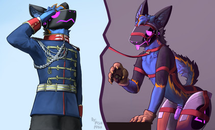 belt blue_body blue_fur chastity_cage chastity_device clothed clothing collar duo fluffy fluffy_tail fur gesture gloves gradient_background grey_markings handwear harness leaning leaning_forward leash leash_pull leashed_collar machine male markings neck_tuft paw_gloves pawpads pose protogen_armor protogen_visor red_harness salute simple_background small_waist tail tongue tongue_out tuft uniform wide_hips yellow_markings pish_posh protogen hi_res watermark