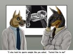 animal_genitalia animal_penis anthro anthro_on_anthro anthro_penetrated anthro_penetrating anthro_penetrating_anthro baculum balls black_body black_fur black_nose bone brown_body brown_eyes brown_fur canine_genitalia canine_penis clothed clothing coat deep_throat dialogue disappointed doctor doctor's_office doing_it_wrong duo embarrassed erection facepalm fellatio fur genital_danger_play genitals green_eyes hospital humor internal internal_oral knot knotting lab_coat looking_at_viewer male male/male male_penetrated male_penetrating male_penetrating_male medical medical_instrument multicolored_body multicolored_fur necktie open_mouth open_smile oral oral_knotting oral_penetration penetration penile penis pointy_ears prick_ears radiograph scientific_instrument sex sheath shirt skull smile stethoscope teeth text topwear two_tone_body two_tone_fur uniform unprofessional_behavior wooky canid canine canis dobermann domestic_dog german_shepherd herding_dog mammal pastoral_dog pinscher 2006 4:3 comic_sans english_text