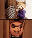 anthro clothed clothing duo female fur humor protein scared smile text weights jaskero aggretsuko here's_johnny_(meme) sanrio stephen_king_(copyright) the_shining retsuko yoga_instructor_(aggretsuko) ailurid kangaroo macropod mammal marsupial red_panda 2018 digital_media_(artwork) hi_res