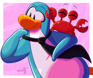 accessory ambiguous_gender anthro black_necktie blue_body blue_fur duo eyes_closed feral fur looking_aside male necktie pink_background red_body red_skin shoulder_stand simple_background smile kaibubbless club_penguin klutzy_the_crab arthropod avian bird crab crustacean decapod malacostracan penguin absurd_res hi_res signature
