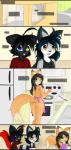 anthro apron breasts chibi clothing cooking egg eyewear female glasses hair heterochromia kitchen long_hair long_tail male nude short_hair tail text neronova marc258 mei_(character) ninja-mei canid canine canis fox mammal procyonid raccoon wolf 2015 hi_res