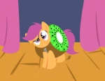 clothing costume curtains female feral food food_costume fruit fruit_costume hair kiwifruit kiwifruit_costume plant purple_hair solo stage young rannva friendship_is_magic hasbro my_little_pony scootaloo_(mlp) equid equine horse mammal pony 2011