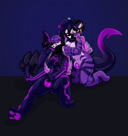 anthro clothing corruption drone dronesuit dronification duo evil_grin female female/female goo_transformation hand_on_bulge hand_on_head horn horn_jewelry hypnotic_gas jewelry latex latex_clothing latex_skinsuit liquid_latex mind_control null_bulge pheromones piercing purple_body skinsuit slime smile tail tight_clothing transformation visor captaincronus gg_(ggthekitty) night_stalker_(xangelicart) canid canine canis felid feline hybrid mammal wolf absurd_res hi_res