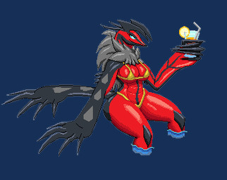anthro beverage big_breasts bikini breasts clothing female holding_beverage holding_object sitting solo swimwear thick_thighs two-piece_swimsuit testowepiwko nintendo pokemon avian bird generation_6_pokemon legendary_pokemon pokemon_(species) yveltal alpha_channel dithering low_res wplace_(artwork)