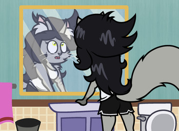 anthro bathroom black_bottomwear black_clothing black_hair black_shorts bottomwear clothed clothed_anthro clothed_female clothing fangs female fluffy fluffy_tail fully_clothed fully_clothed_anthro fully_clothed_female fur green_wall grey_body grey_fur grey_tail hair inner_ear_fluff inside leaning_on_sink long_hair long_tail mirror open_mouth pink_inner_ear pink_tongue pink_towel shirt shorts sink solo standing tail tank_top teeth tile tile_wall toilet tongue topwear towel trash_can tuft two_tone_tail wall_(structure) whiskers white_clothing white_inner_ear_fluff white_shirt white_tank_top white_topwear yellow_eyes captainquack64 greycie_(captainquack64) domestic_cat felid feline felis mammal 2024 colored digital_drawing_(artwork) digital_media_(artwork) english_description hi_res portrait three-quarter_portrait