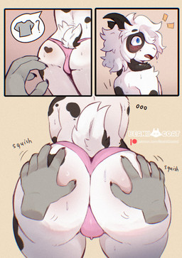 anthro big_butt blue_eyes blush bodily_fluids broken_horn butt butt_focus butt_grab clothing disembodied_hand femboy glistening glistening_butt hand_on_butt horizontal_pupils horn male panties pupils solo surprised sweat sweaty_butt text underwear white_body beanii benji_(beanii) bovid caprine goat mammal comic hi_res url watermark