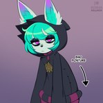 alternative_fashion anthro biped black_nose clothed clothing directional_arrow emo eyelashes eyeliner female frown fur goth green_hair hair hood makeup mouth_closed pupils purple_eyes simple_background solo standing text sataenart league_of_legends riot_games tencent vex_(lol) yordle absurd_res hi_res