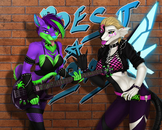 anthro bass_guitar clothed clothing collar duo female guitar holding_musical_instrument holding_object looking_at_viewer musical_instrument playing_guitar playing_music plucked_string_instrument smile string_instrument tongue tongue_out elvofirida canid canine mammal unknown_species 5:4