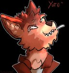 anthro cigarette clothing jacket leather leather_clothing leather_jacket leather_topwear male smile smirk solo topwear leapsandtumbles mr_coyote_(el_koyote) canid canine canis coyote mammal headshot_portrait hi_res portrait