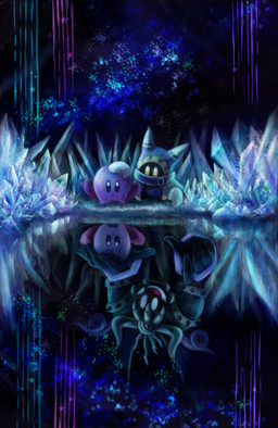 black_body black_skin blue_hood crystal detailed_background glistening group hand_on_head horn legless male mouth_eye night open_mouth reflection toony trio water water_reflection tomiiy kirby_(series) nintendo kirby magolor magolor_soul waddling_head detailed