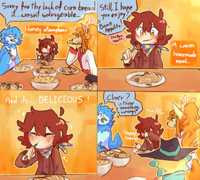 ambiguous_gender anthro arm_support asian_clothing blush blush_lines bodily_fluids clothed clothed_anthro clothed_female clothed_human clothing crying cutlery dialogue east_asian_clothing female flying_sweatdrops food fork freckles furniture group hair japanese_clothing kimono kitchen_utensils looking_at_another meatball pasta plate spaghetti speech_bubble sweat sweatdrop table tears tears_of_joy text tools winged_arms wings young young_human darlie-charlie undertale_yellow ceroba_ketsukane clover_(undertale_yellow) martlet_(undertale_yellow) starlo_(undertale_yellow) avian bird canid canine fox human mammal unknown_species 2024 comic digital_drawing_(artwork) digital_media_(artwork) english_description english_text hi_res male_(lore)