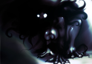 all_fours anthro big_breasts black_claws black_hair breasts claws convenient_censorship crouching darkness female glistening glowing glowing_eyes grey_body grey_skin hair hair_covering_breasts light long_hair looking_at_viewer nude pose simple_background solo white_eyes wind hairtuss eldritch_abomination monster 2011 censored hi_res