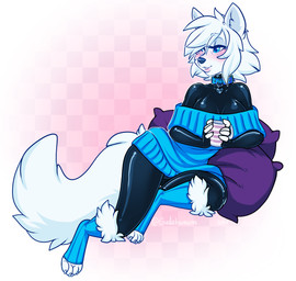 4_fingers 4_toes anthro black_bodysuit black_clothing black_latex black_skinsuit blue_clothing blue_collar blue_eyes blue_sweater blue_topwear blush bodysuit breasts claws cleavage clothed clothing collar container cup feet female fingers fluffy fluffy_tail footwear fur fur_trim_(clothing) hair heart_pendant heart_tag holding_container holding_cup holding_mug holding_object latex latex_clothing latex_skinsuit mug paws pillow shoulderless_sweater simple_background skinsuit smile solo studded_collar studs sweater tail tight_clothing toeless_footwear toes topwear white_body white_fur white_hair ryunwoofie selin_malianis canid canine canis mammal wolf