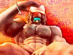 abs anthro athletic athletic_anthro big_biceps big_muscles big_penis black_body black_fur black_nipples bodily_fluids body_hair bracelet clothing covered_eyes cum cum_drip dessert dreadlock_cuffs dreadlocks dripping dripping_wet erection erotical flexing flexing_bicep food fur genital_fluids genital_outline genitals graffiti graffiti_on_wall hat hat_only hat_over_eyes headgear headgear_only headwear headwear_only huge_muscles ice_cream in_mouth jewelry jock leaning_on_wall looking_at_viewer lying male melting_ice_cream mostly_nude muscular muscular_male nipples on_back pecs penis popsicle pose public public_nudity raised_arm shadow shadow_face solo streets summer summer_hat sunburn sunny surfer sweat tribal tribal_jewelry view_between_legs rexwolf canid canine canis domestic_dog hungarian_sheepdog livestock_guardian_dog mammal pastoral_dog pinup