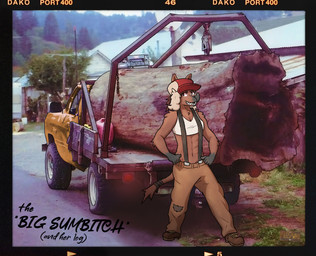 abs anthro clothed clothing female fully_clothed hat headgear headwear log lumberjack photo smile solo text truck vehicle wood posspowered genna_sherman_(posspowered) axehandle_hound canid canine fearsome_critter mammal english_text hi_res