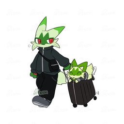 ^w^ ambiguous_gender anthro black_clothing blush bottomwear clothed clothed_anthro clothed_feral clothing dipstick_ears duo ear_markings eyes_closed feral footwear fur green_body green_ears green_fur green_tail jacket kemono lying motion_lines multicolored_ears pants pawpads paws pink_pawpads red_eyes shirt shoes simple_background size_difference smile standing suitcase tail tail_motion tailwag topwear white_background tontaro nintendo pokemon felid feline floragato generation_9_pokemon mammal pokemon_(species) sprigatito 1:1 digital_media_(artwork) signature watermark