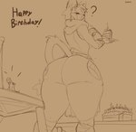 ambiguous_gender anthro arm_wraps big_breasts big_butt birthday birthday_cake bottomwear breasts brown_background brown_line_art brown_monochrome butt cake candle chair clothed clothing curvy_figure dessert duo extreme_size_difference eyelashes fake_horns feet female female/ambiguous fingernails fingers food furniture hat hat_only headgear headgear_only headwear headwear_only holding_fork holding_plate hourglass_figure inner_ear_fluff loincloth mask micro mostly_nude nails open_mouth pants party_hat rear_view simple_background sitting size_difference small_waist solo_focus standing table tail text thick_thighs tight_bottomwear tight_clothing tight_pants toes tuft wide_hips wraps justbirb tsuuki_(crowdi) avian felid feline mammal 2025 absurd_res colored_line_art digital_media_(artwork) english_text hi_res signature sketch