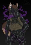 anthro clothing gas_mask latex_suit male mask open_zipper simple_background solo topwear vest lukst canid canine mammal absurd_res hi_res