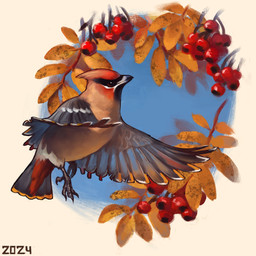 beak berry black_beak_tip black_facial_markings blue_sky brrown_eyes feathers feral flying food fruit grey_beak grey_body grey_feathers grey_talons multicolored_body multicolored_feathers orange_leaves plant red_body red_face red_feathers simple_background sky solo spread_wings tail tail_feathers tan_body tan_feathers white_background white_facial_markings wings yellow_leaves alexpahomov avian bird bohemian_waxwing oscine passerine waxwing 1:1 2024 digital_media_(artwork) digital_painting_(artwork) painting_(artwork)