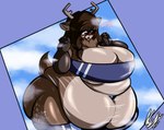 5_fingers anthro antlers belly belly_overhang big_belly big_breasts big_butt blue_border blush bodily_fluids border breasts brown_body brown_fur brown_hair butt cleavage clothed clothing deep_navel detailed_navel female fingers fur glistening glistening_belly glistening_body glistening_breasts glistening_hair glistening_thighs hair horn huge_belly huge_breasts huge_butt huge_hips looking_down markings mole_(marking) multicolored_body multicolored_fur musk navel navel_piercing neck_tuft obese obese_anthro obese_female one-piece_swimsuit open_mouth overweight overweight_anthro overweight_female piercing purple_eyes solo standing sweat swimwear tan_body tan_fur thick_thighs translucent translucent_clothing translucent_swimwear tuft two_tone_body two_tone_fur wide_hips kinguu gris_swimsuit meme_clothing ritsu_(kinguu) cervine deer mammal 2022 absurd_res digital_media_(artwork) hi_res meme signature