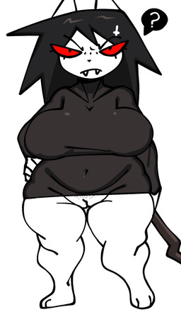 accessory anthro barefoot belly big_breasts black_hair bottomless bottomless_anthro bottomless_female breasts clothed clothing cross dress eye_through_hair eyebrow_through_hair eyebrows eyelashes fangs feet female female_anthro fingers front_view genitals grey_clothing grey_dress grey_topwear hair hair_accessory hairclip hand_on_hip inverted_cross inverted_cross_hair_clip looking_at_viewer mouth_closed narrowed_eyes navel_outline pubes question_mark red_sclera simple_background solo standing teeth thick_thighs tight_clothing tight_dress tight_topwear topwear translucent translucent_hair vulva white_background white_body white_ears xarop77 catwitch_(xarop77) domestic_cat felid feline felis mammal 2025 digital_drawing_(artwork) digital_media_(artwork) full-length_portrait portrait