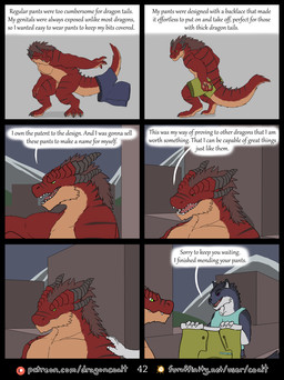 3_toes 4_fingers angry anthro barefoot black_body black_claws black_fur black_horn black_spikes black_stripes blue_bottomwear blue_clothing blue_pants bottomwear breasts brown_hair claws clothed clothing countershading dialogue dressing duo eye_contact feet female fingers fluffy fluffy_tail fur furaffinity_logo furgonomics green_bottomwear green_clothing green_eyes green_shorts grey_body grey_fur hair hand_on_shoulder holding_bottomwear holding_clothing holding_object horn lace looking_at_another looking_back male medium_breasts mountain multi_horn nose_markings outside overbite page_number pants parapet patch_(fabric) patched_clothing patreon_logo purple_eyes red_body red_fur shorts six_frame_image sky speech_bubble spiked_tail spikes spikes_(anatomy) standing stripes tail tan_body tan_fur text toes topless topless_anthro topless_male tying white_body white_fur rimentus furaffinity mythology patreon allie_(rimentus) coalt canid canine canis dragon furred_dragon furred_scalie mammal mythological_creature mythological_scalie scalie wingless_dragon wolf 2022 comic english_text hi_res url