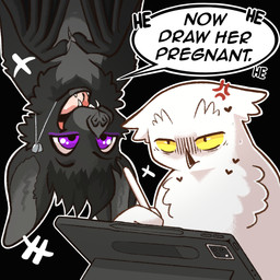 annoyed anthro apple_pencil asking bat_nose beak belly big_ears black_background black_beak black_body black_ears black_fur black_hair black_hands bodily_fluids chest_tuft countershade_body countershade_face countershade_fur countershade_torso countershading cross-popping_vein demanding dialogue dog_tags drawing_(action) drawing_tablet duo electronics emanata fangs feather_hands feather_tuft feathers fingers fluffy front_view fur grey_body hair head_tuft heart_(marking) holding_object holding_pen humor jewelry laugh looking_at_another male male_anthro markings membrane_(anatomy) membranous_wings multi_ear multicolored_body multicolored_fur necklace nude nude_anthro open_mouth outline pen pink_tongue pupils purple_eyes simple_background smile speech_bubble sweat sweatdrop tablet_computer tail talking_to_another teeth text tongue tuft two_tone_body two_tone_fur upside_down white_belly white_body white_countershading white_face white_feathers white_fur white_outline winged_arms wings yellow_eyes rozalid apple_inc. ipad now_draw_her_giving_birth kuda_(eskizebat) scandiowlcus avian bat bird mammal owl true_owl 1:1 2026 colored digital_drawing_(artwork) digital_media_(artwork) english_text half-length_portrait hi_res meme portrait shaded simple_shading
