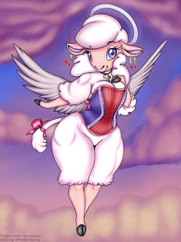 anthro breasts cloud cross ear_piercing ear_ring eyebrows eyelashes female halo hooves jewelry looking_at_viewer necklace piercing purple_eyes ribbons ring_piercing smile smiling_at_viewer solo white_body wide_hips wings longinius third-party_edit hellaverse helluva_boss rachel_(helluva_boss) angel bovid caprine cherub mammal sheep 2021 hi_res