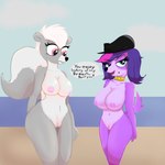 anthro big_breasts breasts clothing collar dialogue duo female female/female fur genitals grey_body grey_fur hair hat headgear headwear looking_at_viewer nipples nude open_mouth pussy simple_background speech_bubble talking_to_viewer text white_hair wide_hipped_female wide_hips hell99999 hasbro littlest_pet_shop littlest_pet_shop_(2012) pepper_clark zoe_trent bird_dog canid canine canis cavalier_king_charles_spaniel domestic_dog hunting_dog mammal mephitid skunk spaniel toy_dog 1:1 absurd_res english_text hi_res