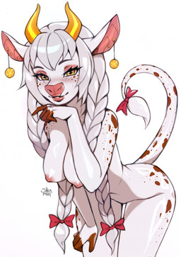 anthro braided_hair brown_markings ear_piercing ear_stud eyelashes eyeshadow facial_spots female female_anthro fur hair horn leaning leaning_forward looking_at_viewer makeup markings narrowed_eyes nipples nude piercing pink_eyeshadow pink_inner_ear pink_nipples pink_nose smile solo spots spotted_arms spotted_face spotted_legs spotted_markings spotted_tail standing tail tail_markings white_body white_fur yellow_eyes yellow_horn shermugi lemon_(enchantednova) bovid bovine cattle mammal hi_res portrait signature three-quarter_portrait