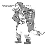 5_fingers accessory anthro bag boots cloak clothing fingers footwear furgonomics kerchief male neckerchief plantigrade shoes simple_background solo standing tail tail_accessory tail_bag teeth text tongue torn_clothing raidak5 capcom cavemanon_studios resident_evil snoot_game merchant_(resident_evil) dinosaur prehistoric_species reptile scalie spinosaurid spinosaurus theropod english_text greyscale hi_res monochrome