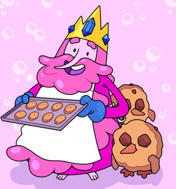 apron beak beard bubble clothing cookie crown facial_hair femboy feral food food_hair group handwear headgear ice_cream_cone male oven_mitts pseudo_hair smile trio discount-supervillain adventure_time cartoon_network gunter_(adventure_time) ice_king avian bird candy_people_(at) food_creature humanoid penguin