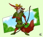 4_fingers anthro arrow_(weapon) belt biped black_nose bow_(weapon) clothed clothing fingers fur green_clothing green_shirt green_topwear green_tunic hat headgear headwear holding_bow_(weapon) holding_object holding_ranged_weapon holding_weapon male orange_body orange_fur orange_tail ranged_weapon shirt smile solo standing tail topwear tunic weapon scooterbark disney robin_hood_(disney) robin_hood canid canine fox mammal red_fox true_fox 2023 full-length_portrait portrait signature