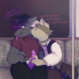 ambiguous_gender anthro black_body black_fur black_hair black_nose blush bodily_fluids bottomwear claws clothed clothed_sex clothing collar dialogue dominant dominant_female dripping drooling duo embarrassed female fingering fur genital_fluids gradient_hair grey_body grey_fur grey_pawpads grin hair handjob inside_train jacket letterman_jacket looking_at_another looking_at_partner looking_away male male/female mutual_masturbation pawpads penile pink_hair pole precum precum_drip public public_sex public_transportation purple_hair romantic romantic_couple saliva sex shy sitting slightly_chubby slightly_chubby_male smile spiked_collar spikes submissive submissive_male sweater text tight_bottomwear tight_clothing tongue tongue_out topwear train turtleneck underwear vaginal_fluids vehicle teeveeomegas teevee_(teeveeomegas) bat mammal megabat procyonid raccoon 1:1 english_text hi_res signature